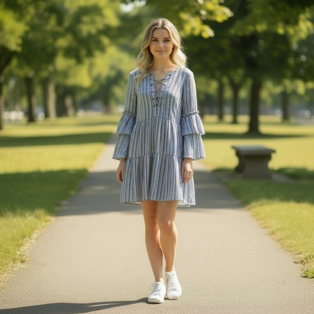 BCBGMAXAZRIA Charlyze Mini Dress Blue White Striped Bell‎ Sleeve Festival L